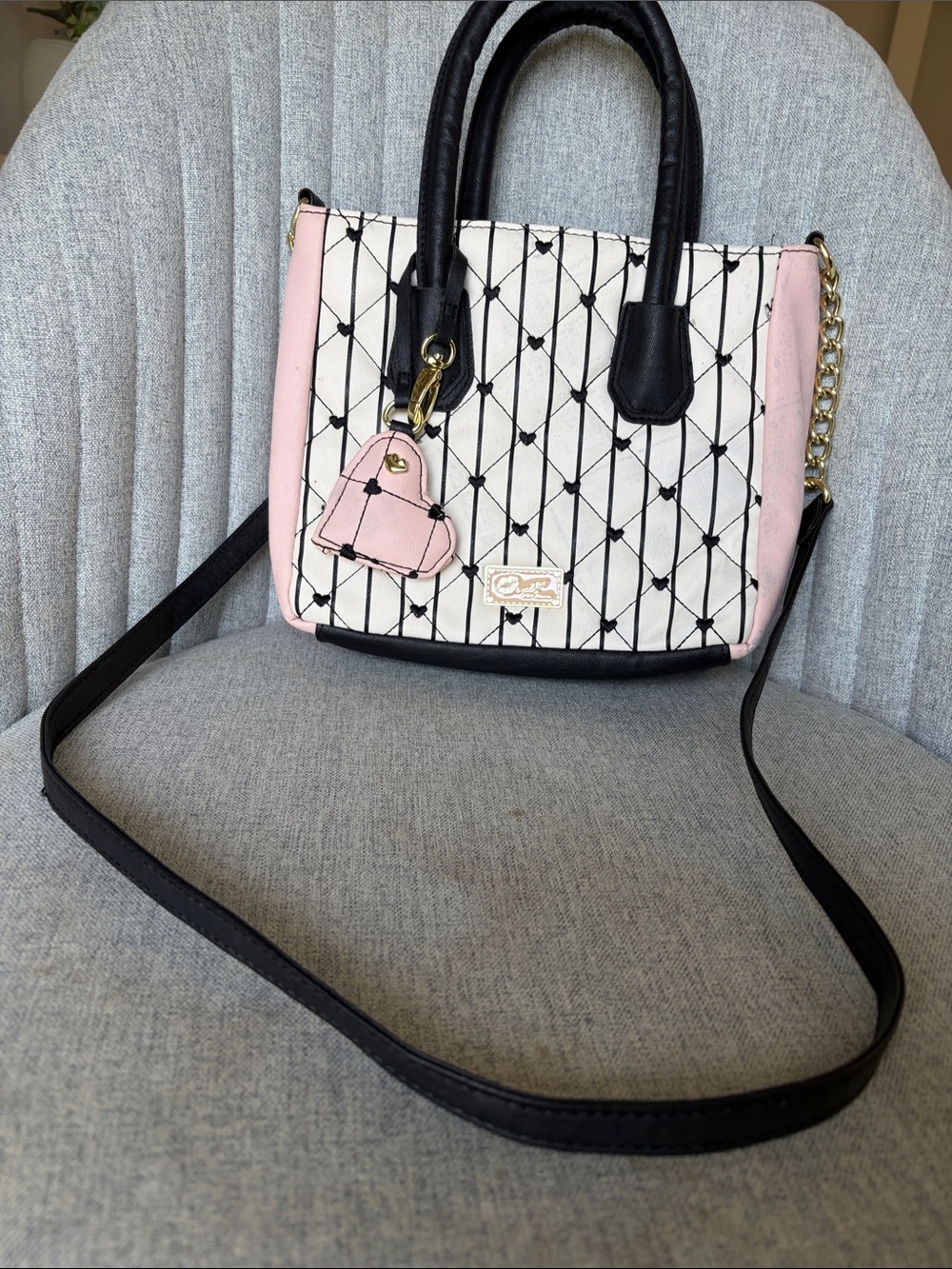 Betsy Johnson Quilted Heart-Accent Satchel Shoulder Bag - Pink and Black